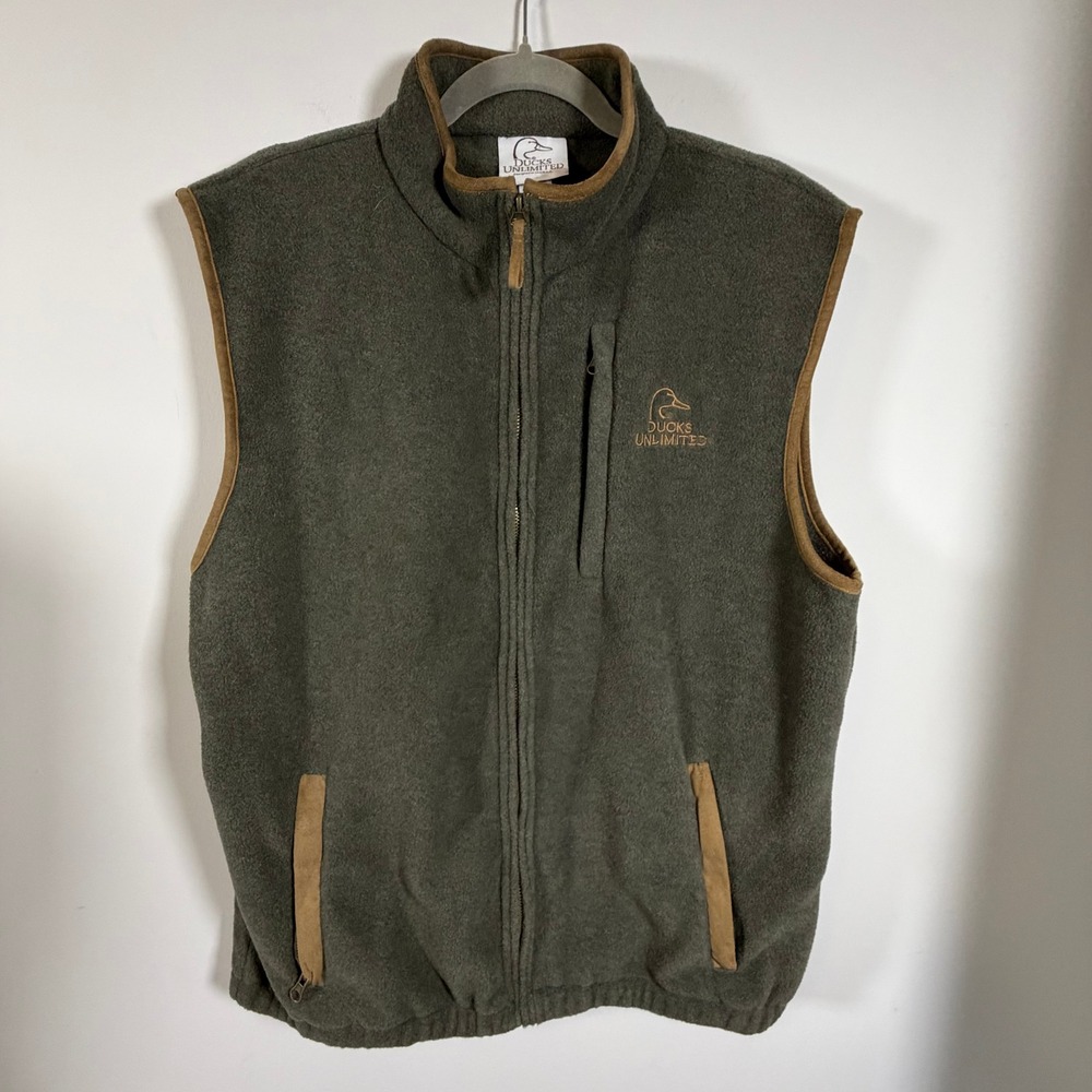 Ducks Unlimited Mens Large Fleece Vest Olive Green Full Zip Hunting Outdoor L